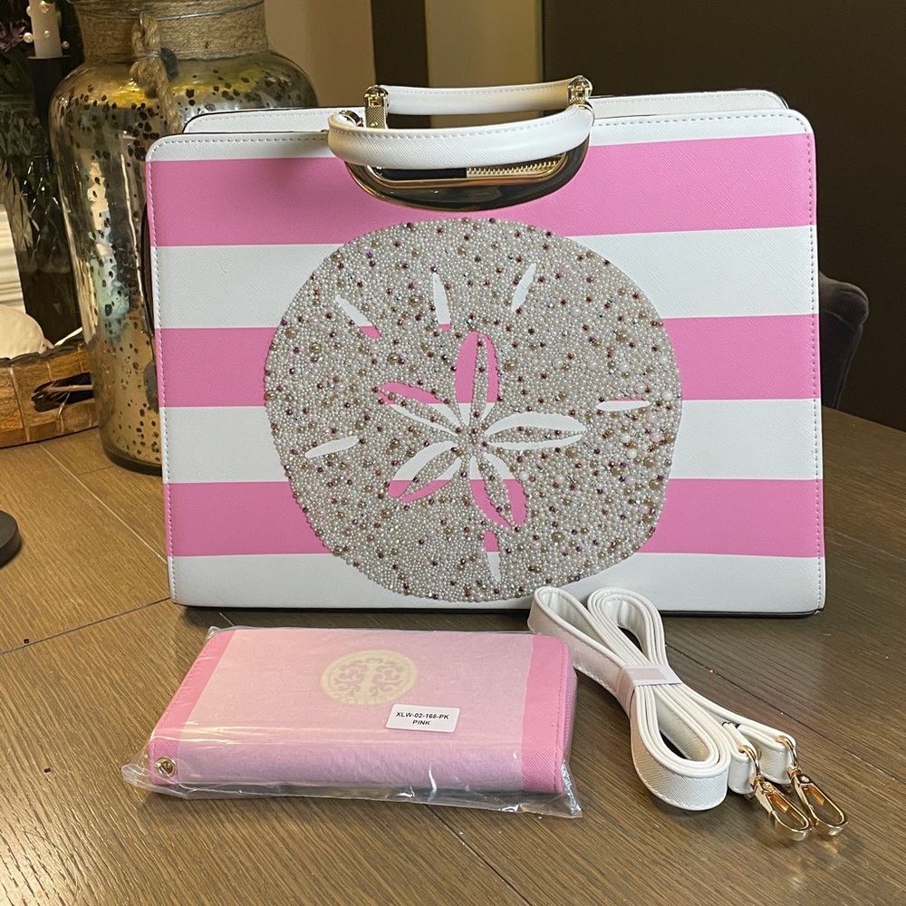 Luxury Handcrafted Sand Dollar Purse Set Pink Striped Coastal Glamw/Wallet Strap